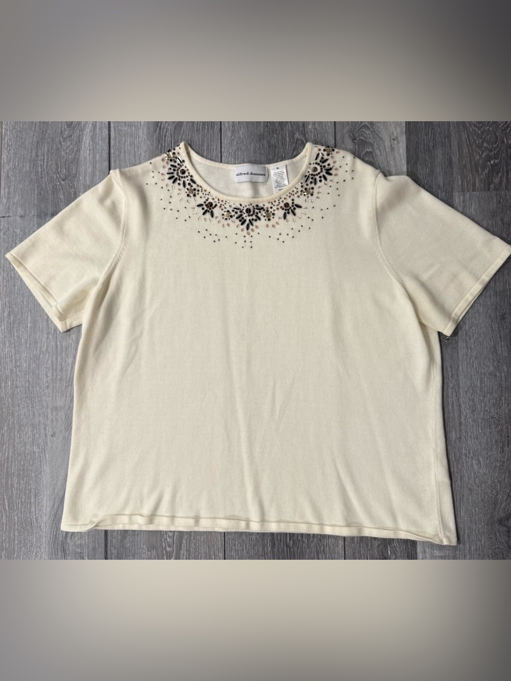 Alfred Dunner Cream Jeweled Neck Sweater Top